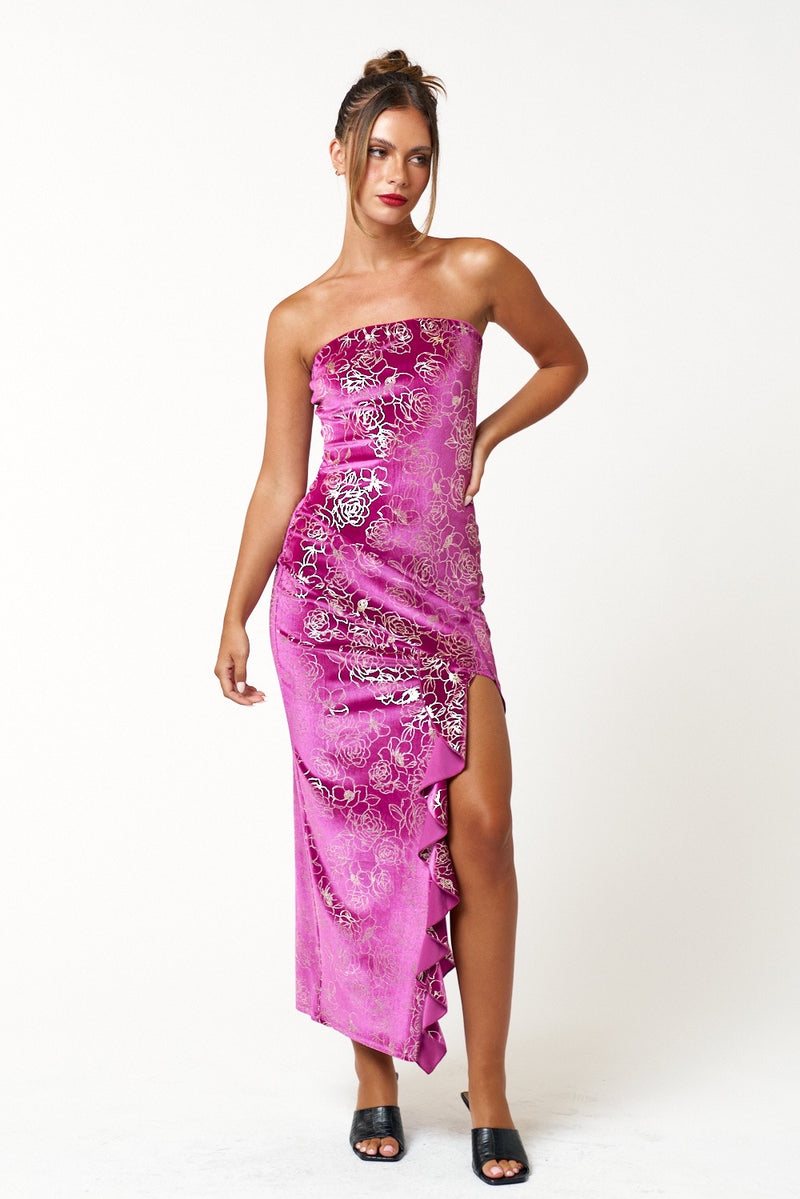 Metallic Floral + Ruffle Dress