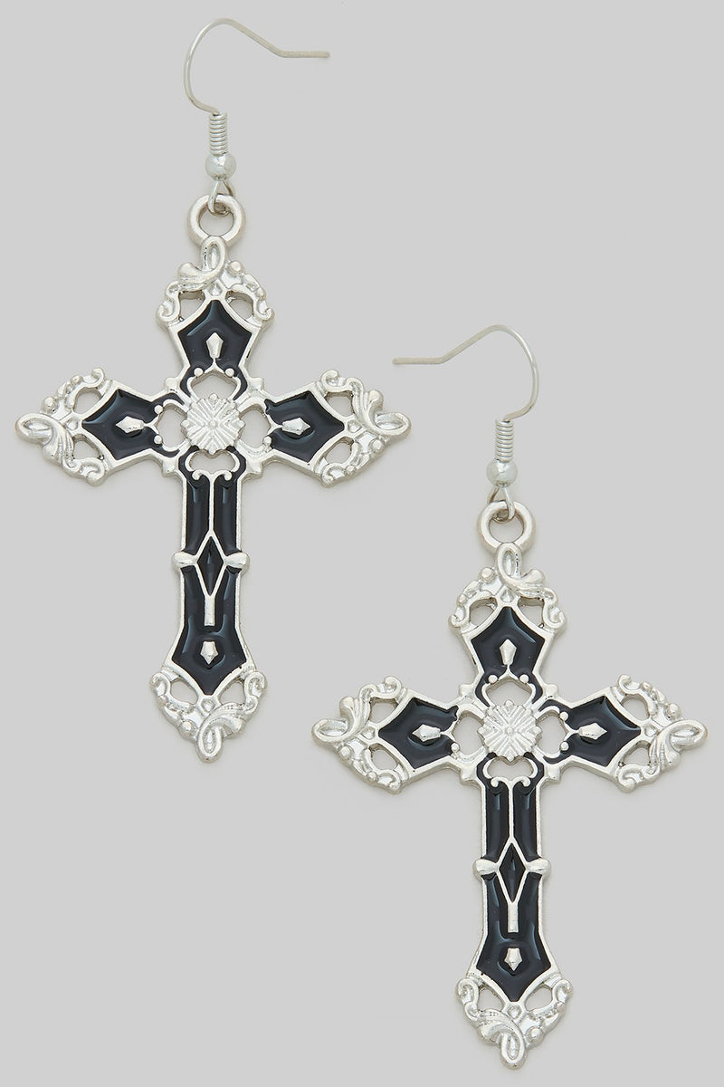 Black Silver Cross Earrings