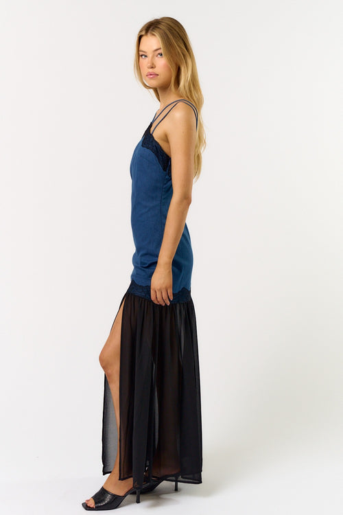 Denim + Mesh Maxi Dress